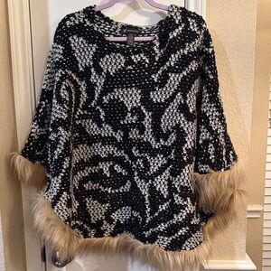 INC International Concepts Black and Cream Knit Poncho with Faux Fur Trim